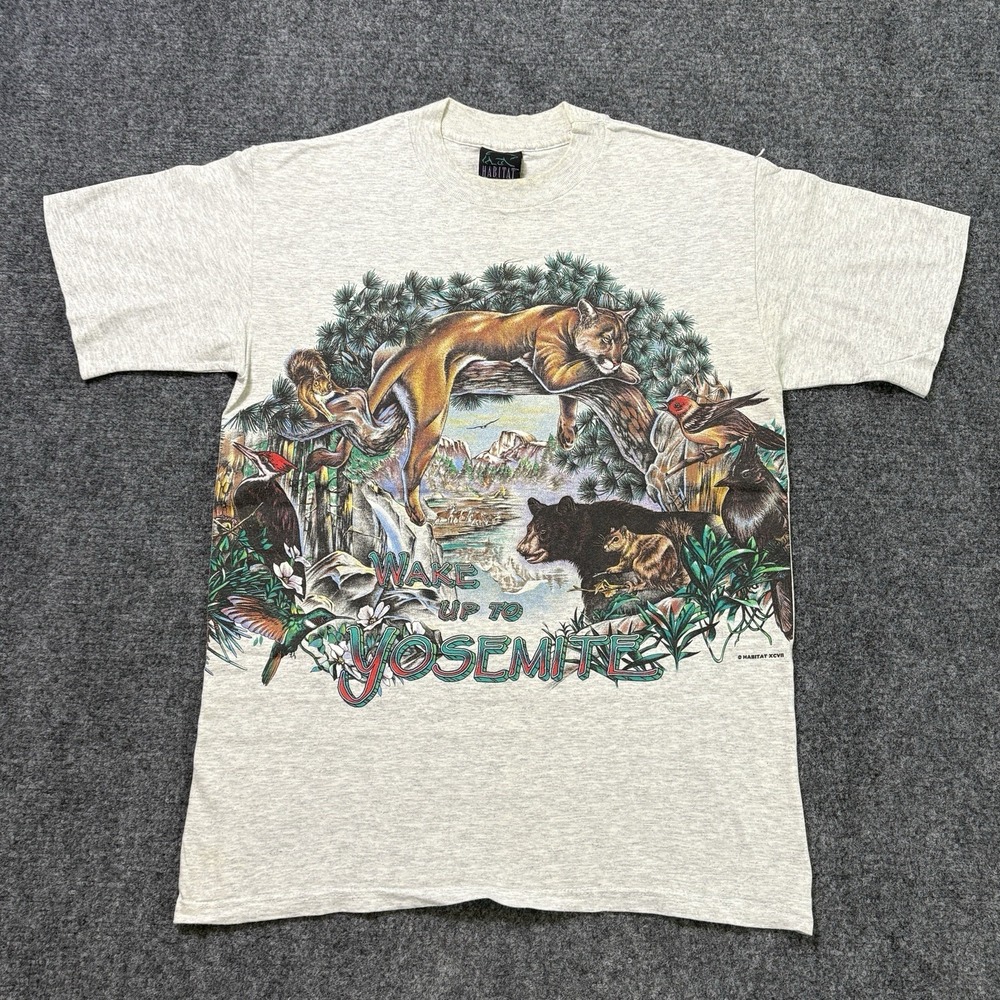 Vintage 90s Habitat Yosemite T-Shirt Men's Medium Gray Animal Nature AOP Parks